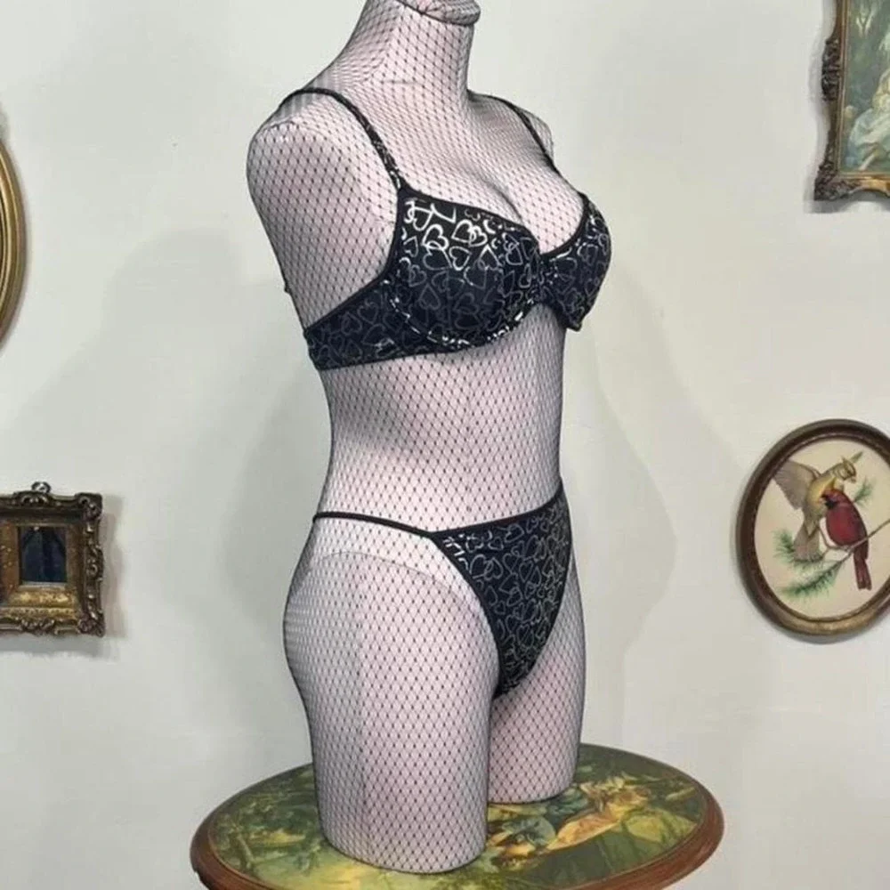 Arella Lingerie Black‎ & Silver Heart Print Bra Thong Set – Y2K Lingeriecore 34B